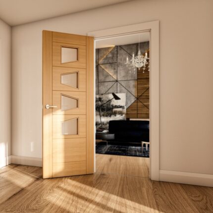UK16G4SXFSC Internal Oak Fully Finished Seville 7P 4L Slanted Clear Glass Door