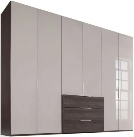 Nolte Concept Me 220 Imitation Macadamia Walnut and Perla Glass 6 Door 3 Drawer Combi Wardrobe - 300cm